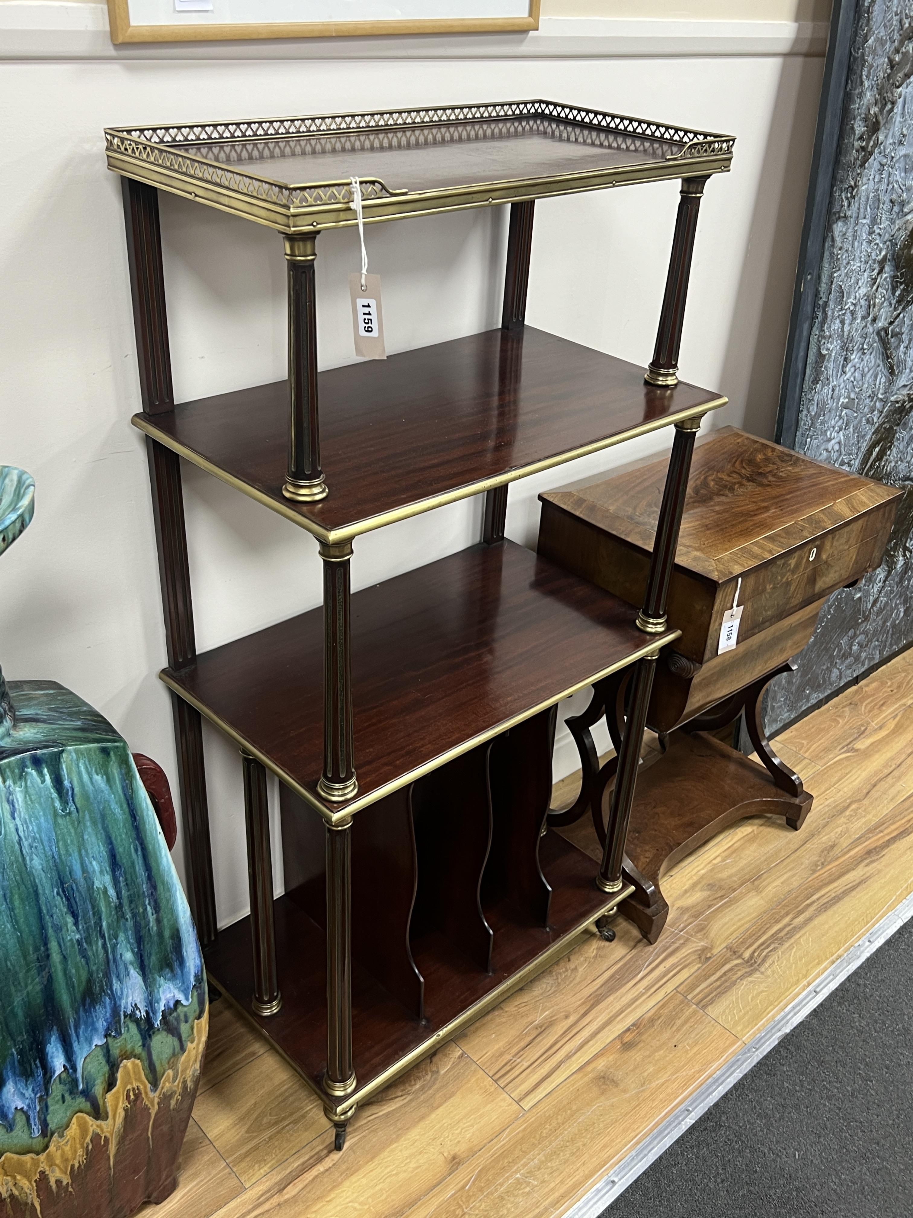 A French brass mounted mahogany Canterbury whatnot, width 61cm, depth 35cm, height 125cm. Condition - good
